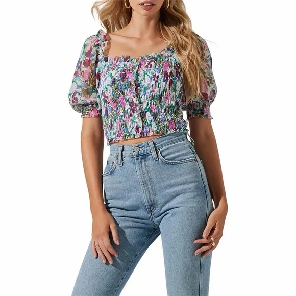 ASTR The Label Smocked Floral Crop Top Multicolor Puff Sleeve Ruffle | S - Picture 5 of 9